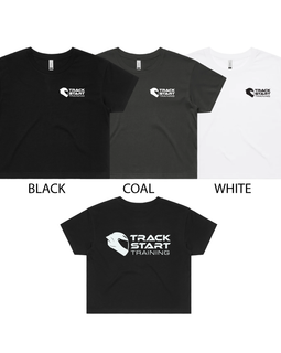 Three short-sleeve T-shirts shown on a white background with color labels below them: black, coal, and white. The shirts each have a small white chest logo reading Track Start Training, and the bottom shirt also shows a larger white front logo.