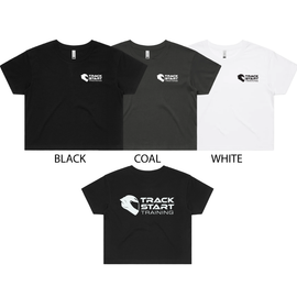 Three short-sleeve T-shirts shown on a white background with color labels below them: black, coal, and white. The shirts each have a small white chest logo reading Track Start Training, and the bottom shirt also shows a larger white front logo.