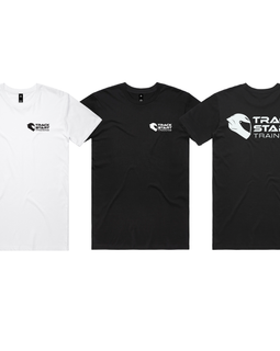 Three short-sleeve crew-neck T-shirts shown flat against a white background: one white shirt, one black shirt, and one black shirt with a large white 'TRACK START TRAINING' chest graphic. A smaller matching chest logo is also visible on the center and right shirts.