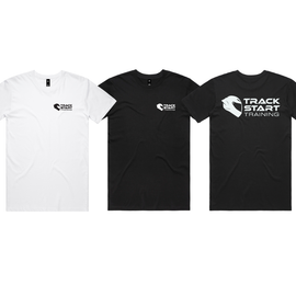 Three short-sleeve crew-neck T-shirts shown flat against a white background: one white shirt, one black shirt, and one black shirt with a large white 'TRACK START TRAINING' chest graphic. A smaller matching chest logo is also visible on the center and right shirts.