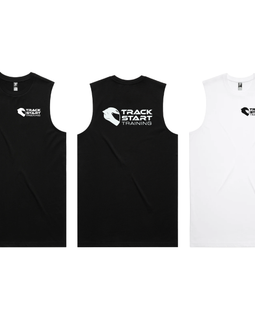 Three sleeveless athletic tank tops shown flat against a white background: two black tops and one white top, each with a small white chest logo reading Track Start Athletics.