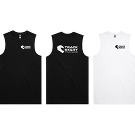 Three sleeveless athletic tank tops shown flat against a white background: two black tops and one white top, each with a small white chest logo reading Track Start Athletics.