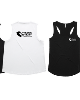 Four sleeveless tank tops all with a logo