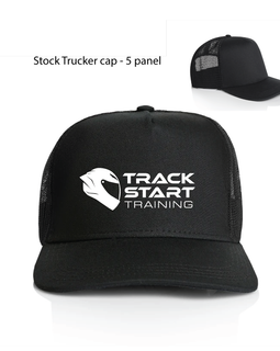 Black 5-panel trucker cap with a white Track Start Training logo on the front, shown on a white background with a smaller inset view of the back mesh.
