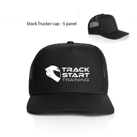 Black 5-panel trucker cap with a white Track Start Training logo on the front, shown on a white background with a smaller inset view of the back mesh.