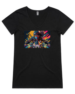 Black v neck tee with design of girl on motorcycle with colourful background