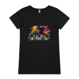 Black v neck tee with design of girl on motorcycle with colourful background