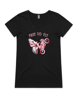 black v-neck tee front with free to fly words and motorcycle rider female