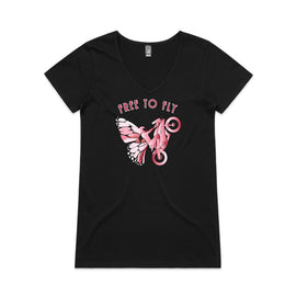 black v-neck tee front with free to fly words and motorcycle rider female