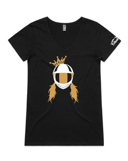 Motorbike queen design includes a lady wearing a motorbike helmet topped with a cute crown on a v neck tee