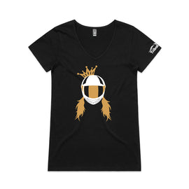Motorbike queen design includes a lady wearing a motorbike helmet topped with a cute crown on a v neck tee