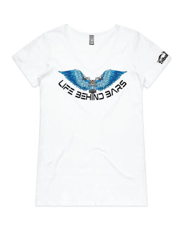 Design of motorbike in front of open pink wings and the words Life Behind Bars across the bottom on a tee.