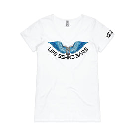 Blue wings and a motorbike with the words Life Behind Bars on a white tee