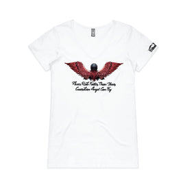 Design of a lady motorbike rider wearing a helmet, with long red hair and gorgeous angel wings. Under her are the words Never ride faster than your guardian angel - on a white v neck teel front