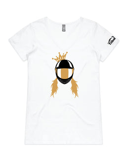 Motorbike queen design includes a lady wearing a motorbike helmet topped with a cute crown on a white v neck tee