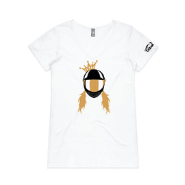 Motorbike queen design includes a lady wearing a motorbike helmet topped with a cute crown on a white v neck tee