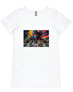 White v neck tee with design of girl on motorcycle with colourful background