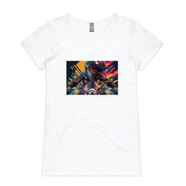 White v neck tee with design of girl on motorcycle with colourful background