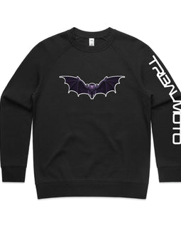 Black long sleeved sweater with image of motorbike with bat wings and words TribalMoto on sleeve.