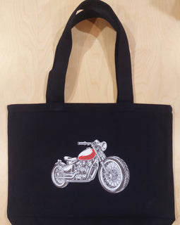 Tote bag - black - with image of motorbike with red tank and the words Therapy in the tank