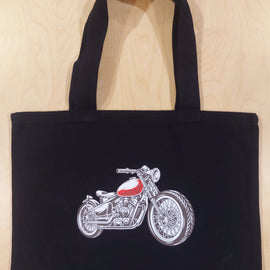 Tote bag - black - with image of motorbike with red tank and the words Therapy in the tank