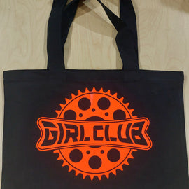 Tote bag - black - with image of motorbike with red tank and the words Girl Club inside a sprocket