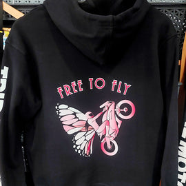 Black hoodie with design of butterfly and lady motorbike rider doing a wheelie with the words Free to fly above.