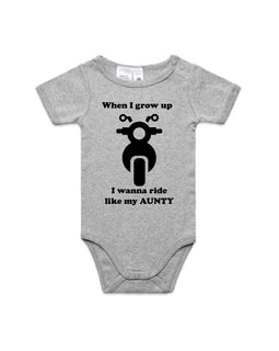 Grey onesie with image of motorbike and words When I grow up I wanna ride like my Aunty