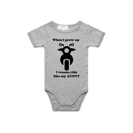 Grey onesie with image of motorbike and words When I grow up I wanna ride like my Aunty