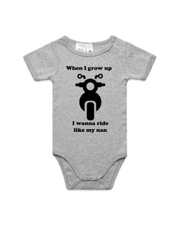 Design that includes a motorbike and words When I grow up I wanna be like my nan onesie