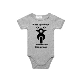 Design that includes a motorbike and words When I grow up I wanna be like my nan onesie