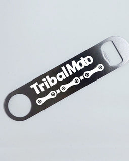 Bottle opener, metal with logo and chain image -chain