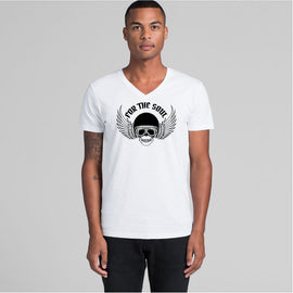 White men's v-neck tee with design on back of a skull
