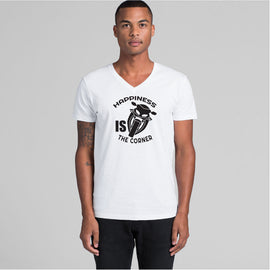 Men's v-neck tee with design of motorbike and words happiness is the corner
