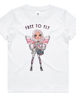 Kids white tee with design of a girl with butterfly wings holding a helmet with the words Free to fly above