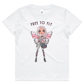 Kids white tee with design of a girl with butterfly wings holding a helmet with the words Free to fly above