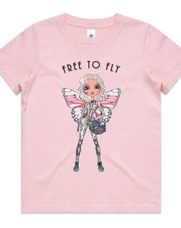 Kids pink tee with design of a girl with butterfly wings holding a helmet with the words Free to fly above