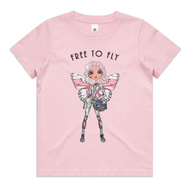 Kids pink tee with design of a girl with butterfly wings holding a helmet with the words Free to fly above