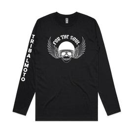 Black men's long sleeved tee with design on front of a skull