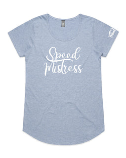 Blue marle tee with words speed mistress