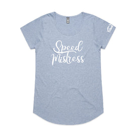 Blue marle tee with words speed mistress