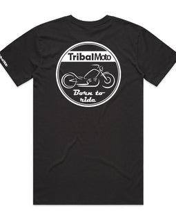 Black men's round neck tee with design on back of motorbike and the words born to ride