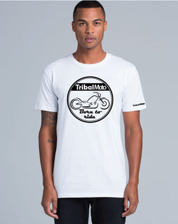 White men's round neck tee with design on front of motorbike and the words born to ride