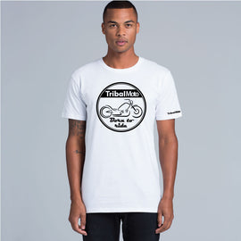 White men's round neck tee with design on front of motorbike and the words born to ride