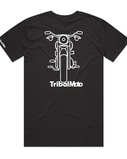 Black back of tee with image of Cafe Racer and words TribalMoto