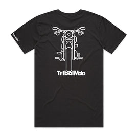 Black back of tee with image of Cafe Racer and words TribalMoto