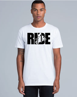 White tee RIDE words with motorbike in background