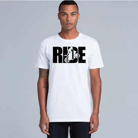 White tee RIDE words with motorbike in background