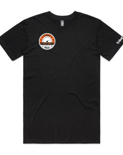Men's black round neck tee with pocket logo in orange of words Tribalmoto Just Ride in a circle in white and high visibility coral