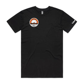 Men's black round neck tee with pocket logo in orange of words Tribalmoto Just Ride in a circle in white and high visibility coral